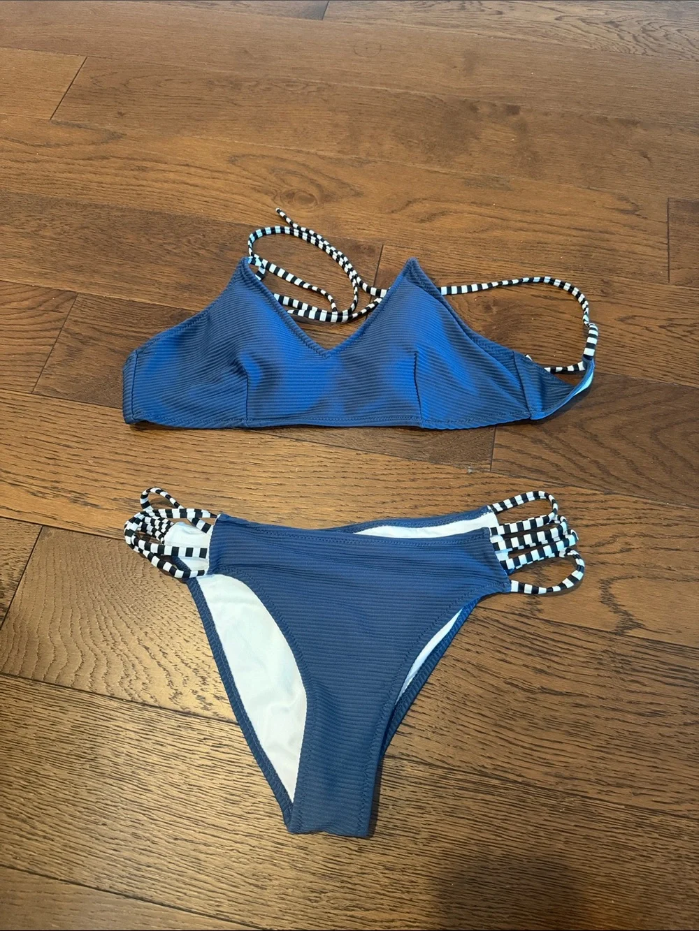 Blue Ribbed Bikini Set with Black & White Strappy Detail